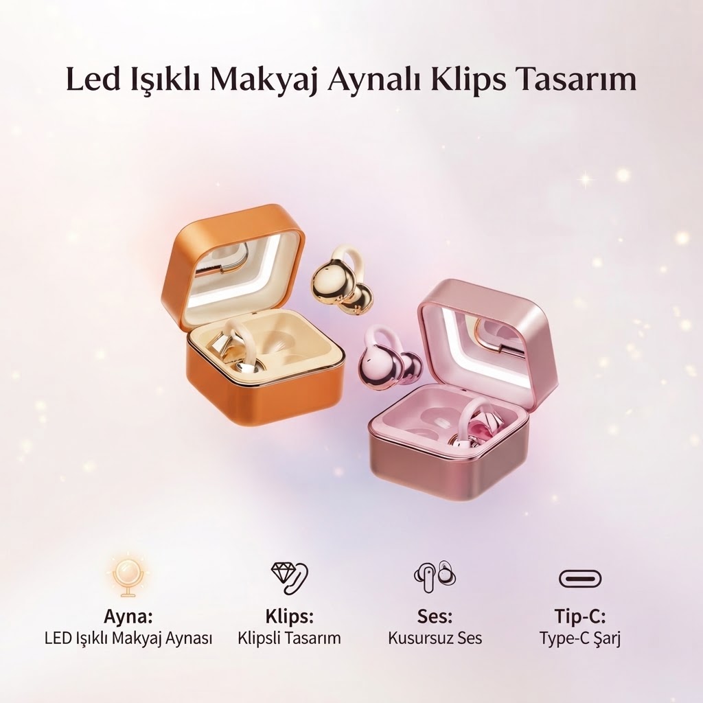 Led Işıklı Makyaj Aynalı Klips Tasarım Kablosuz Kulaklık