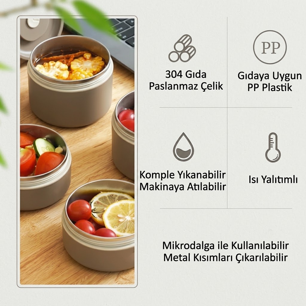 Paslanmaz Çelik Yemek Termosu Isı Yalıtımlı 4 lü Set 304 Çelik Kılıflı Çantalı