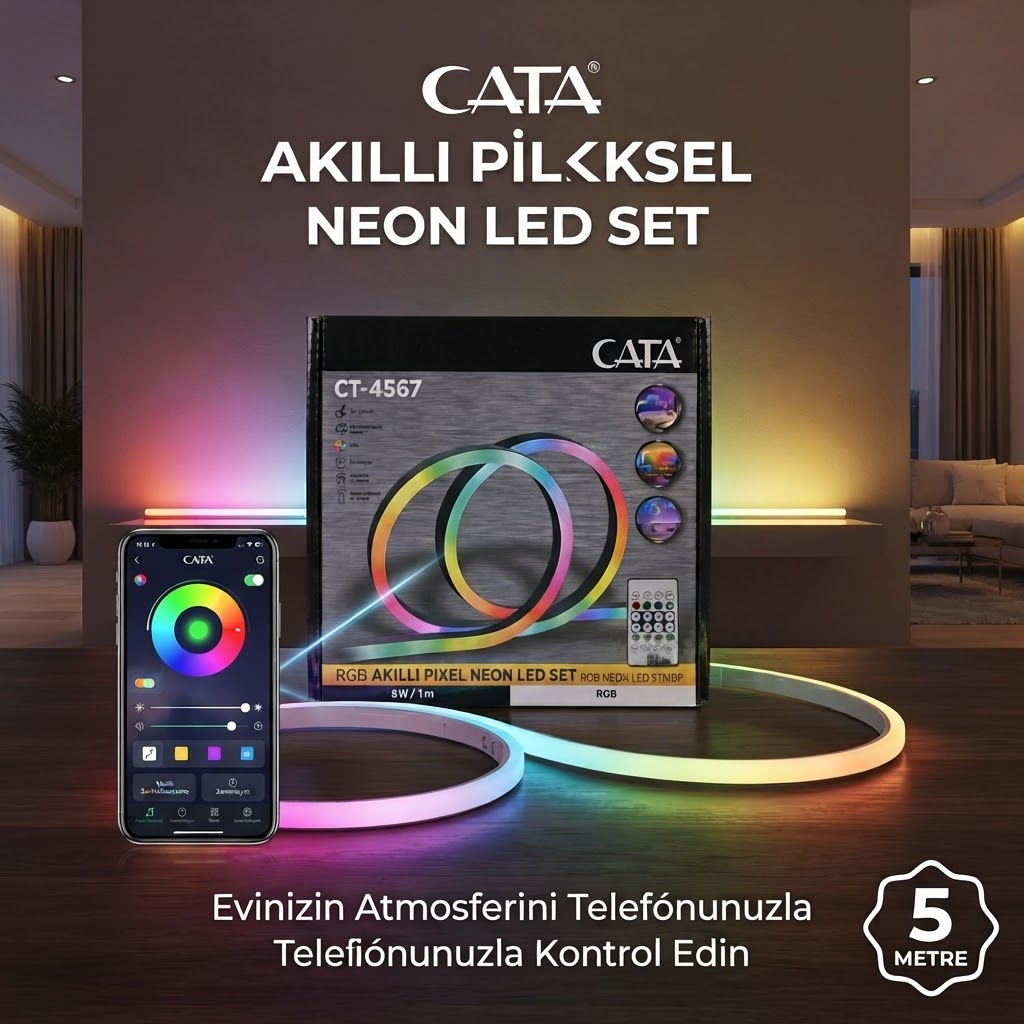 Pixel Neon LED Set 5 Metre RGB Kumandalı &Telefon Uygulama Kullanım Esnek Şerit Işık İç & Dış Mekan Dekoratif Aydı