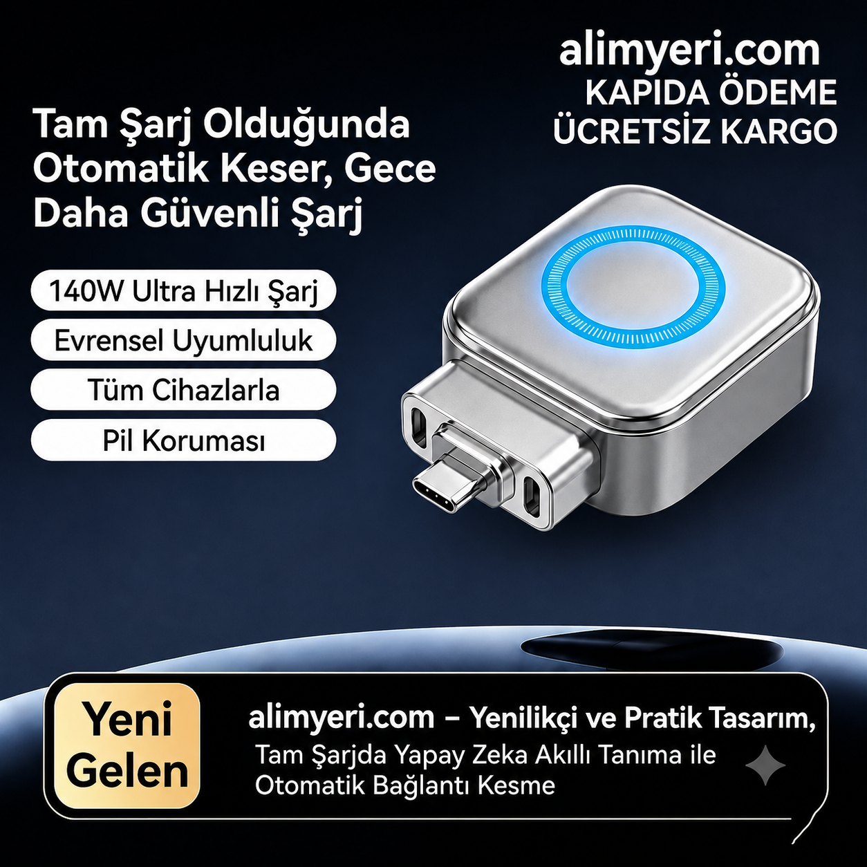 Akıllı Otomatik Durdurma Şarj Adaptörü, Type-C 140W Aktarım Gücü Otomatik Çıkarma ve Aşırı Şarj Koruması