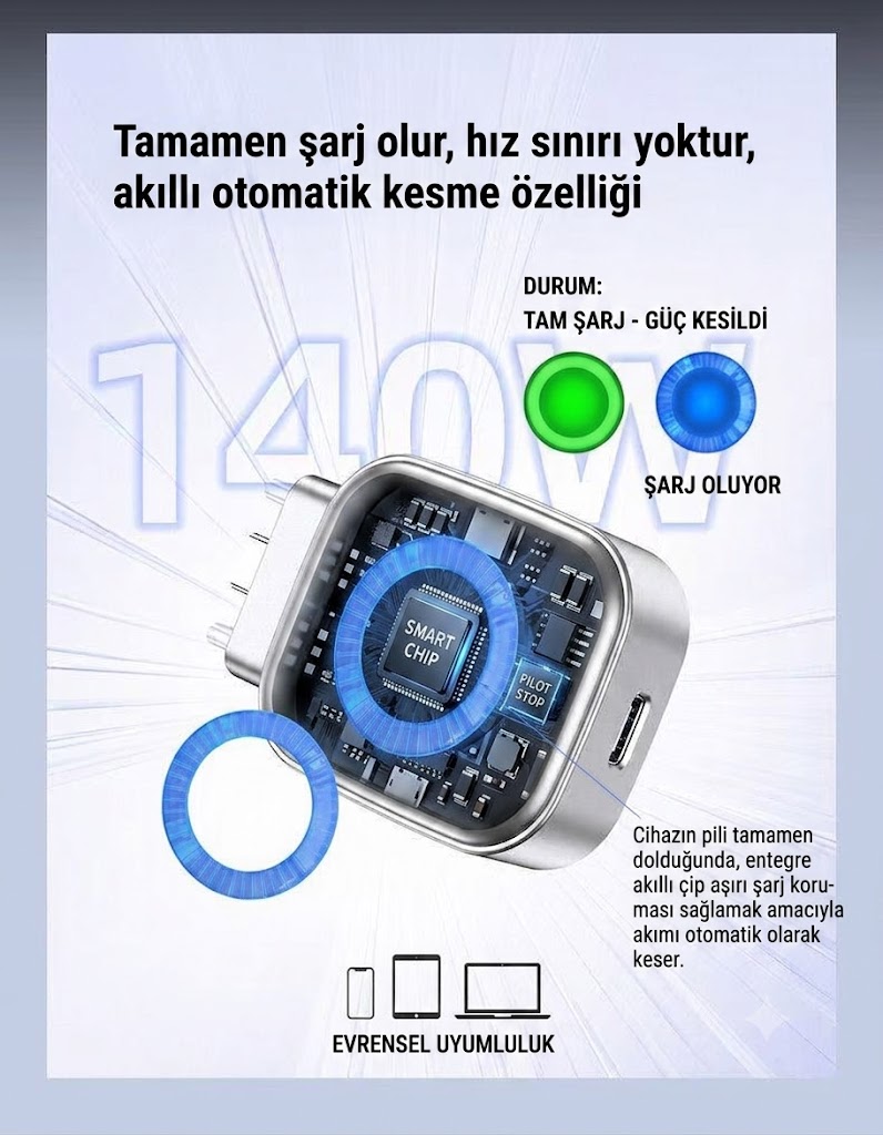 Akıllı Otomatik Durdurma Şarj Adaptörü, Type-C 140W Aktarım Gücü Otomatik Çıkarma ve Aşırı Şarj Koruması