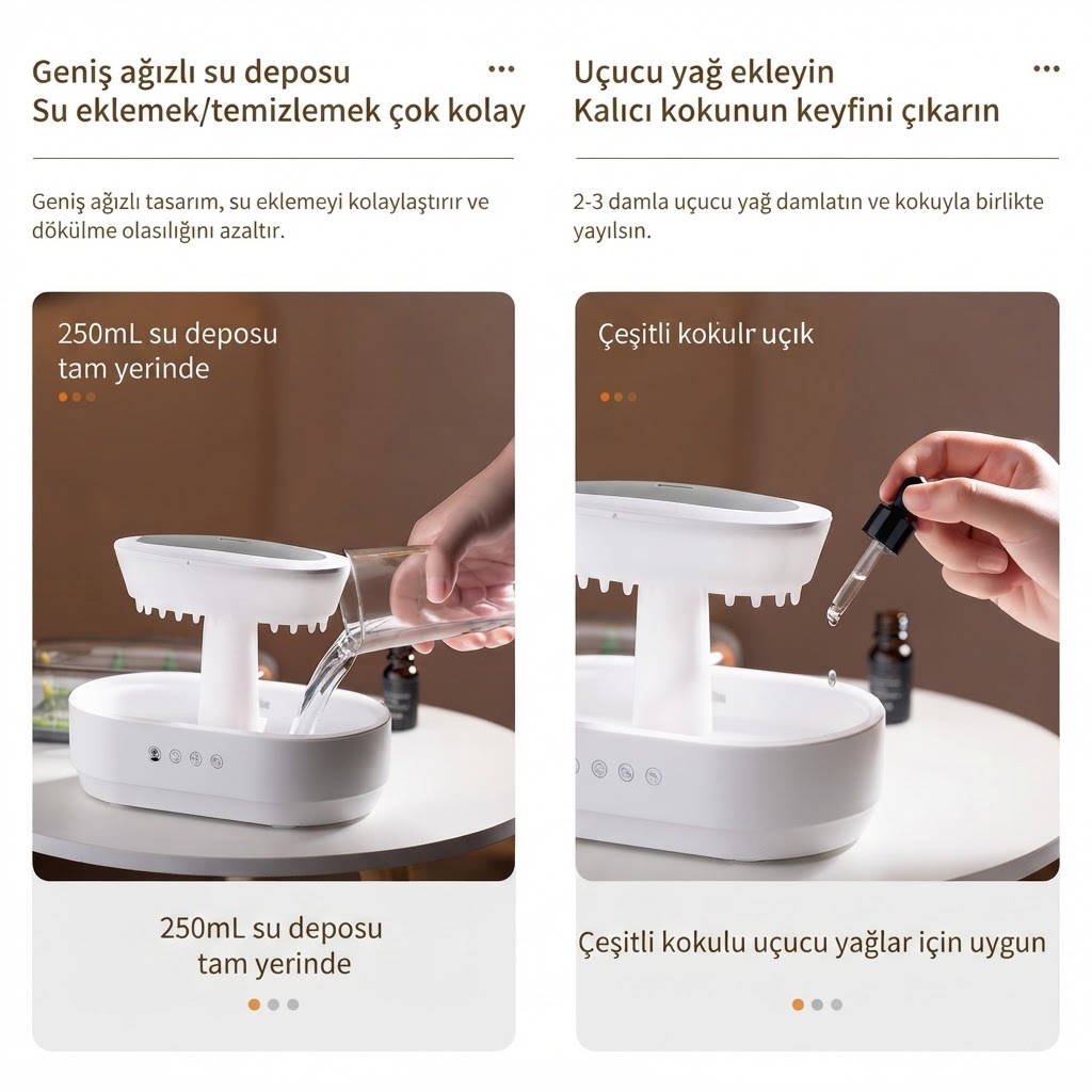 Yağmur Damlası Efektli Hava Nemlendirici ve Aroma Difüzör, Doğa Ses Modları, LED Ambiyans Işıklı, Sessiz Çalışma, Buharlı Nemlendirici Buhar Makinesi, Dekoratif Tasarım (Yapay Teraryum Tasarımı)